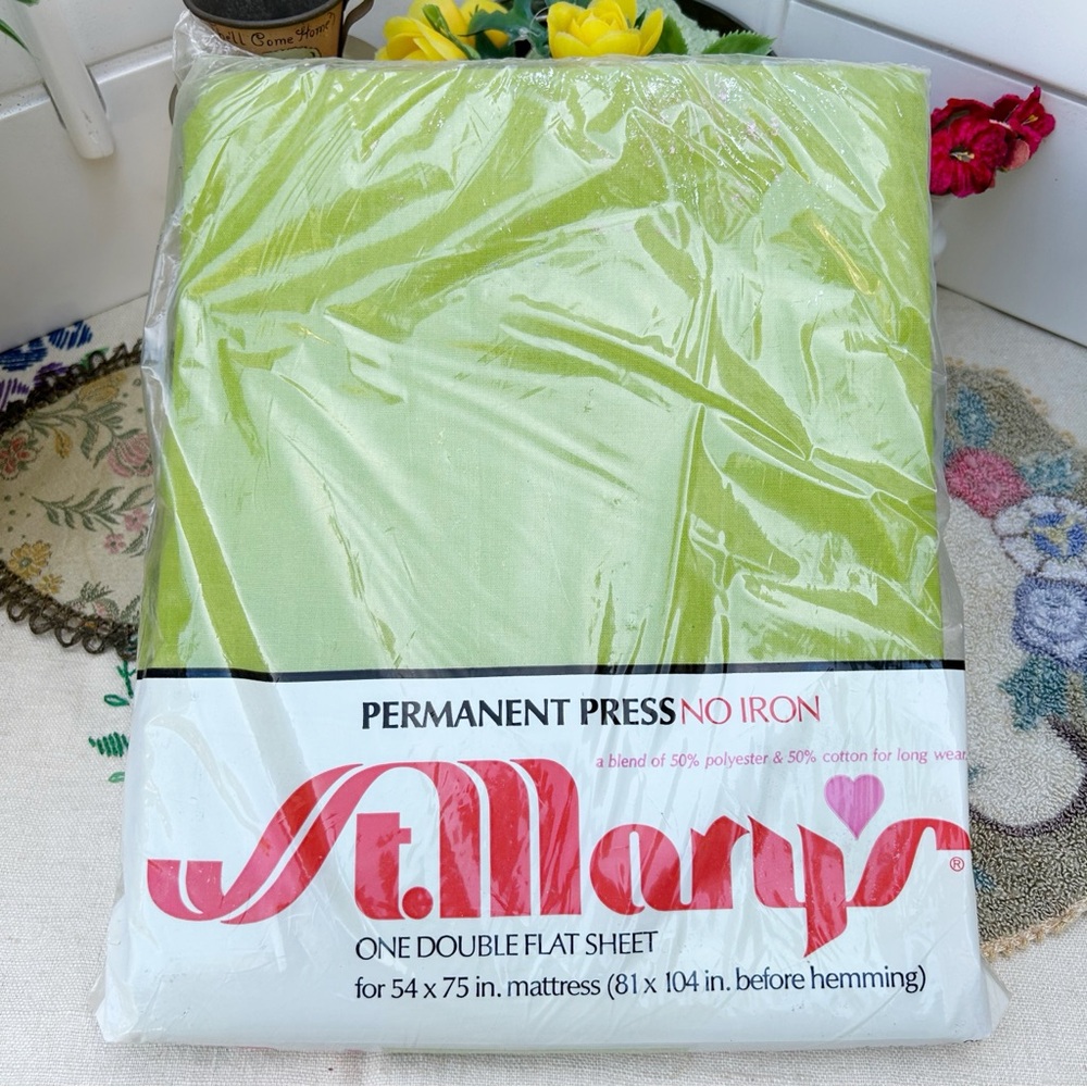 St Mary's Green Double Flat Sheet No Iron Permanent Press Percale Made USA